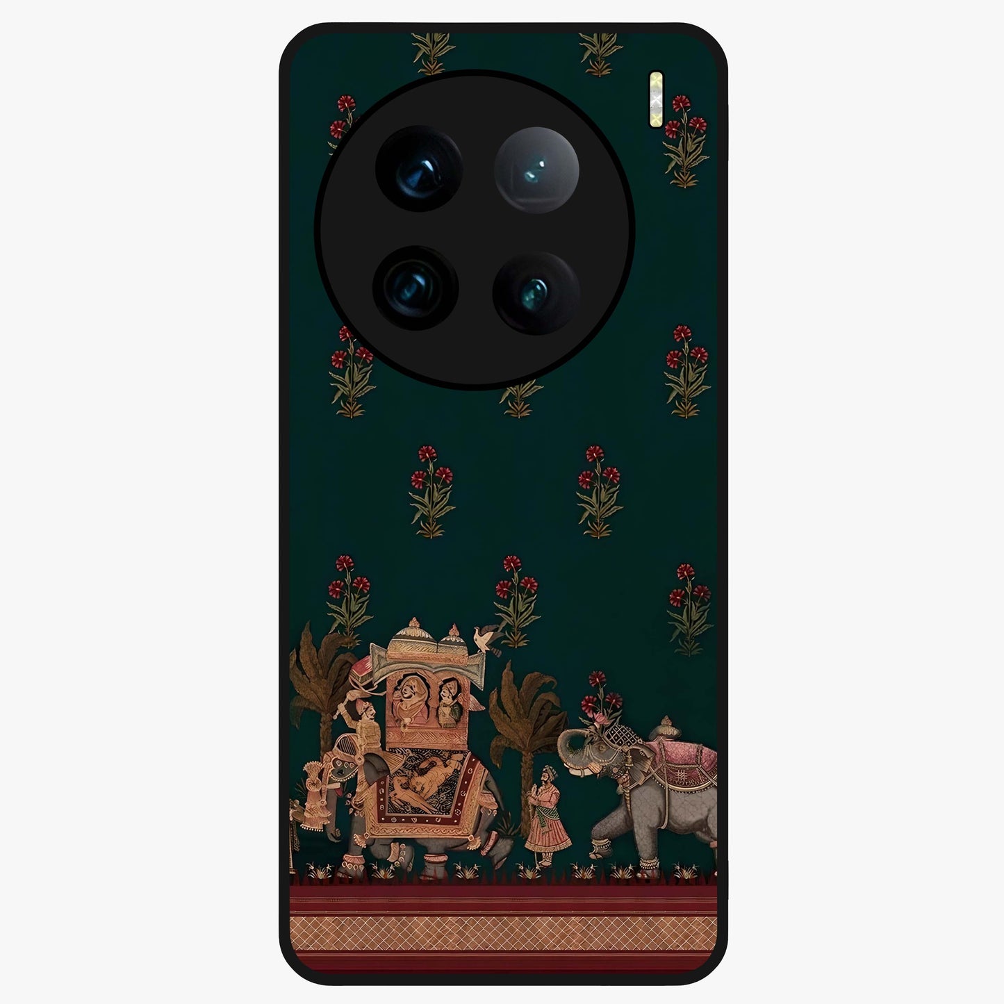 Macmerise Glass Case showing flat back view with stylish modern artwork and glossy glass finish.