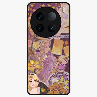 Magical Tangled Dream Glass Case showing flat back view with dreamy tangled artwork and glossy glass finish.