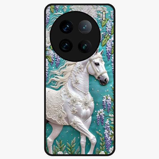 Majestic Floral Stallion Glass Case showing flat back view with powerful horse and floral artwork and glossy glass finish.