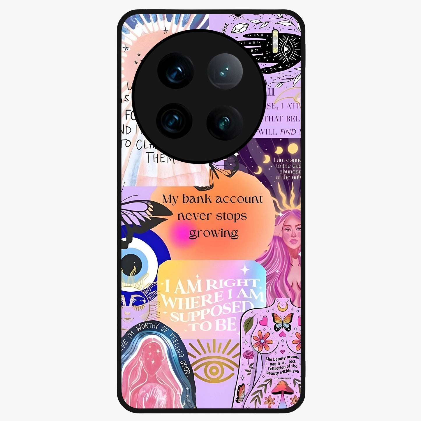 Manifestation Collage Glass Case showing flat back view with motivational collage artwork and glossy glass finish.