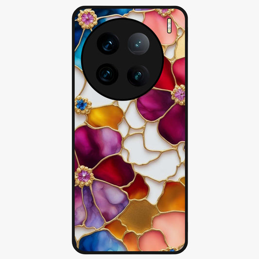 Marble Flower Pattern Glass Case showing flat back view with marble texture floral artwork and glossy glass finish.