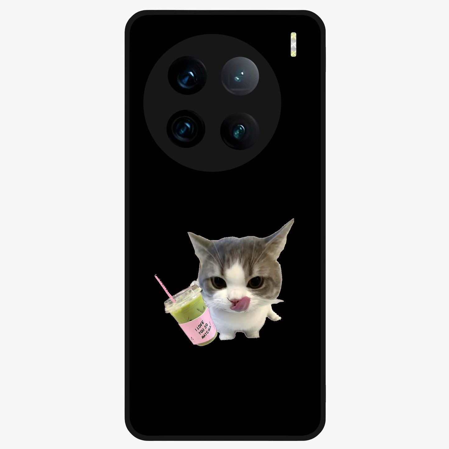 Matcha Cat Style Glass Case showing flat back view with cute matcha themed cat artwork and glossy glass finish.