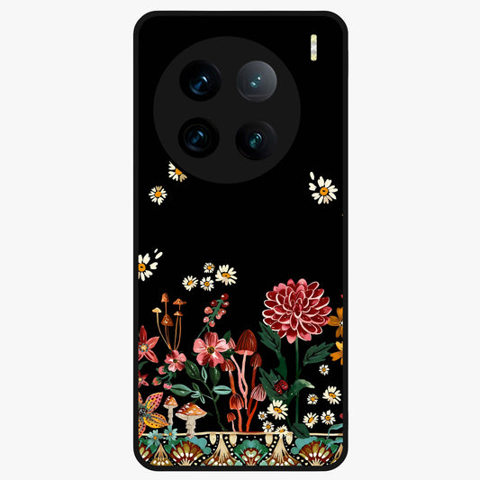 Midnight Bloom Pattern Glass Case showing flat back view with dark floral pattern artwork and glossy glass finish.