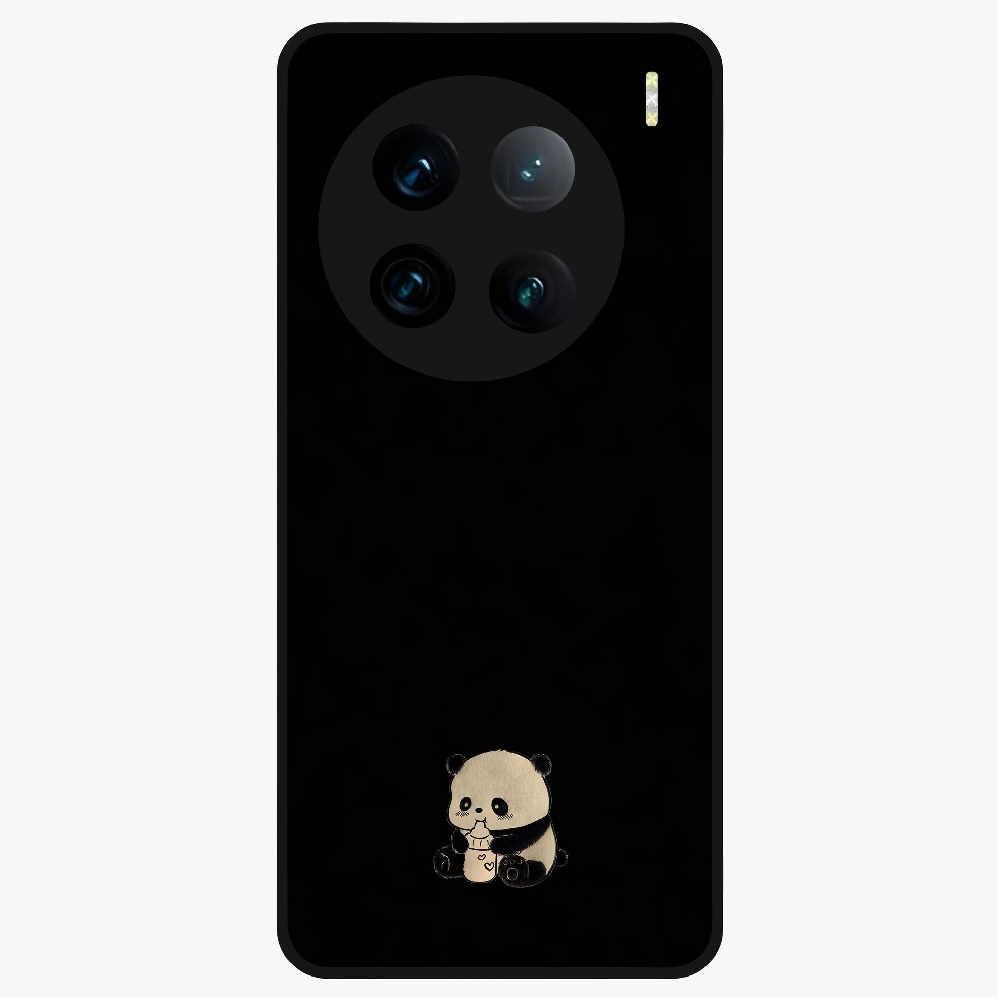 Midnight Panda Love Glass Case showing flat back view with cute panda themed artwork and glossy glass finish.