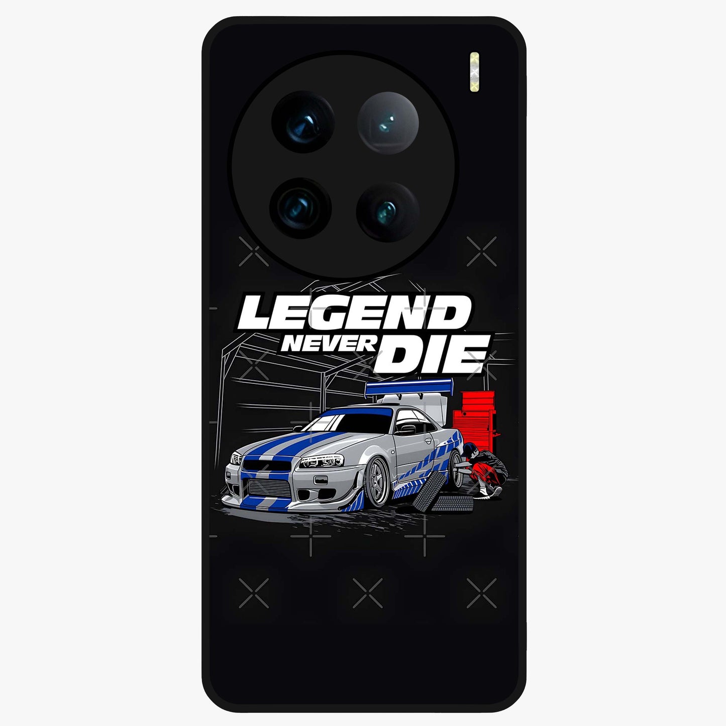 Midnight Racing Legacy Glass Case showing flat back view with sleek racing inspired artwork and glossy glass finish.