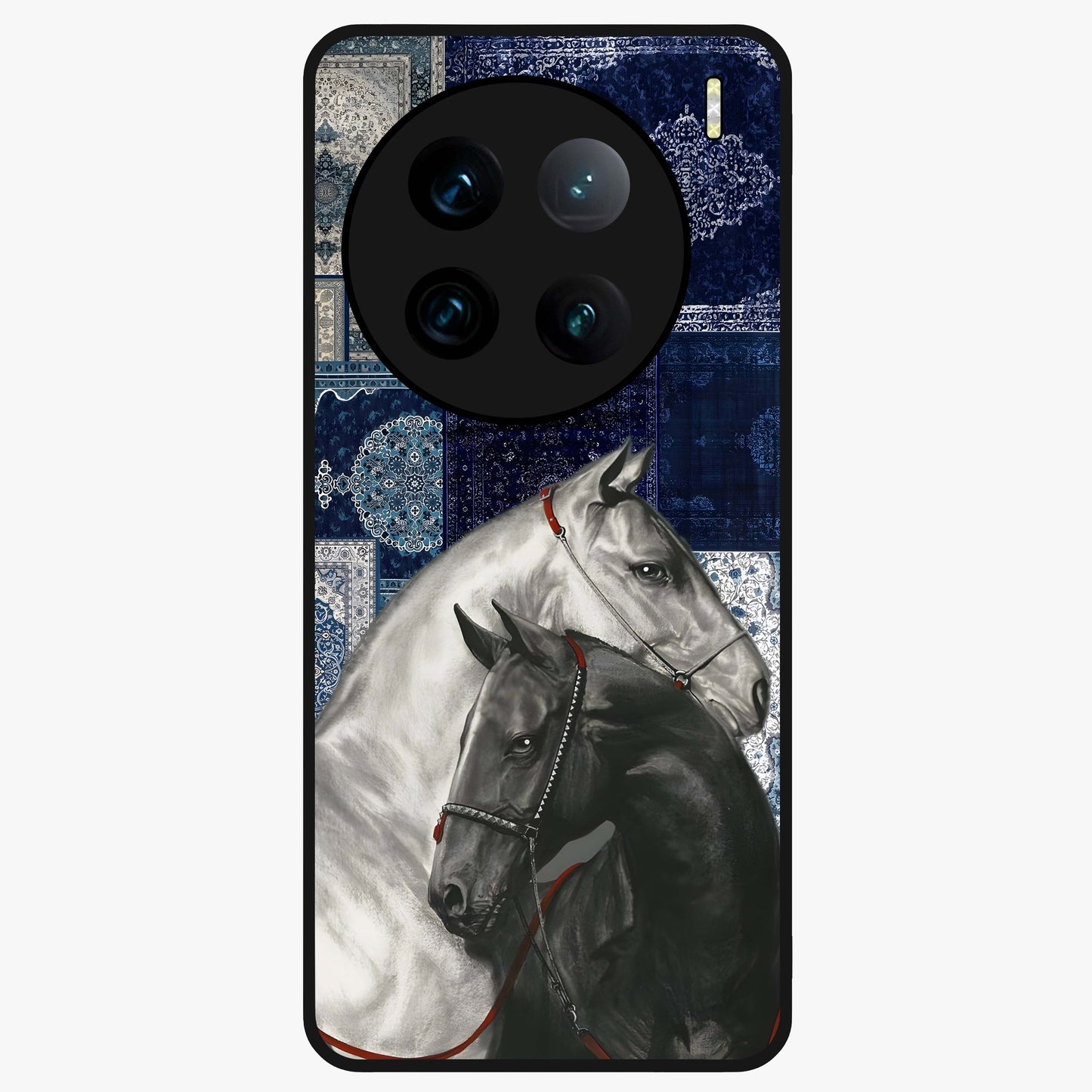 Midnight Stallion Blues Glass Case showing flat back view with majestic horse artwork and glossy glass finish.