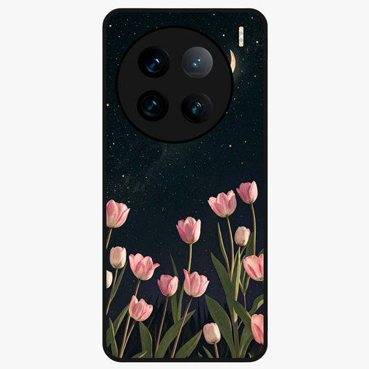 Midnight Tulip Whispers Vibe Glass Case showing flat back view with elegant tulip flower artwork and glossy glass finish.