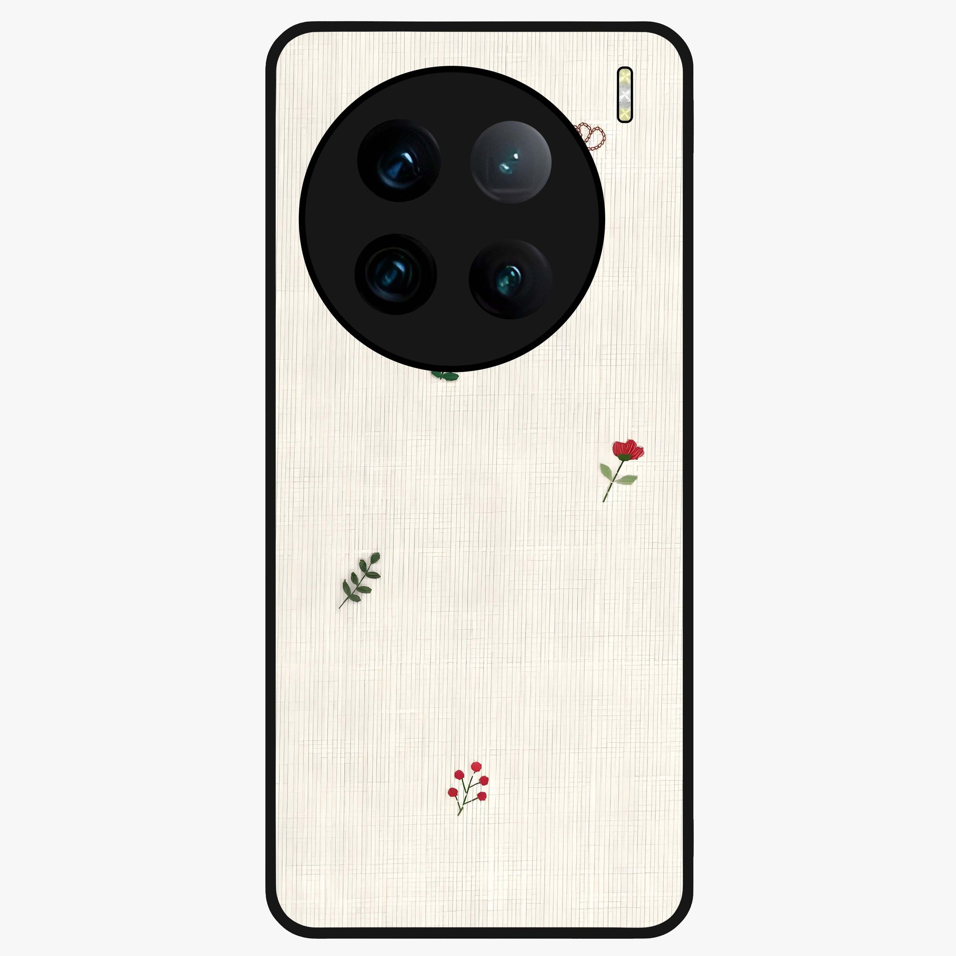 Minimal Petal Whispers Glass Case showing flat back view with soft minimal floral artwork and glossy glass finish.