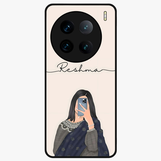 Mirror Mood Muse With Custom Name Glass Case showing flat back view with stylish mirrored artwork and personalized name design.