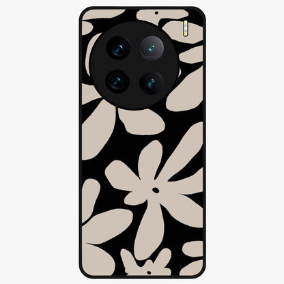 Monochrome Petal Dance Glass Case showing flat back view with monochrome floral artwork and glossy glass finish.
