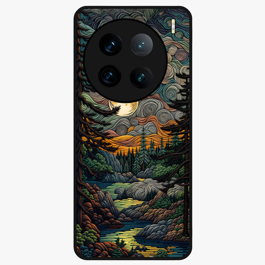 Moonlight Forest Dream Glass Case showing flat back view with mystical forest moonlight artwork and glossy glass finish.