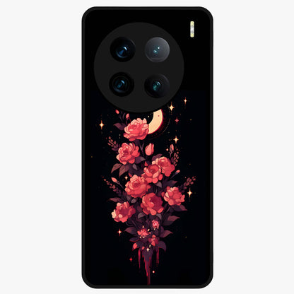 Moonlit Floral Elegance Glass Case showing flat back view with elegant floral artwork under moonlit tones and glossy glass finish.