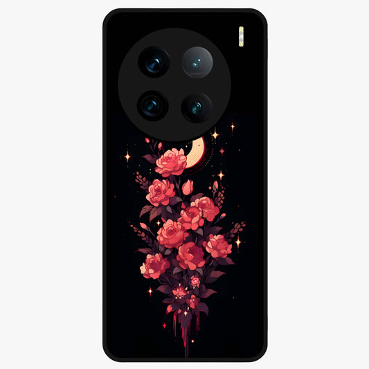 Moonlit Floral Elegance Glass Case showing flat back view with elegant floral artwork under moonlit tones and glossy glass finish.