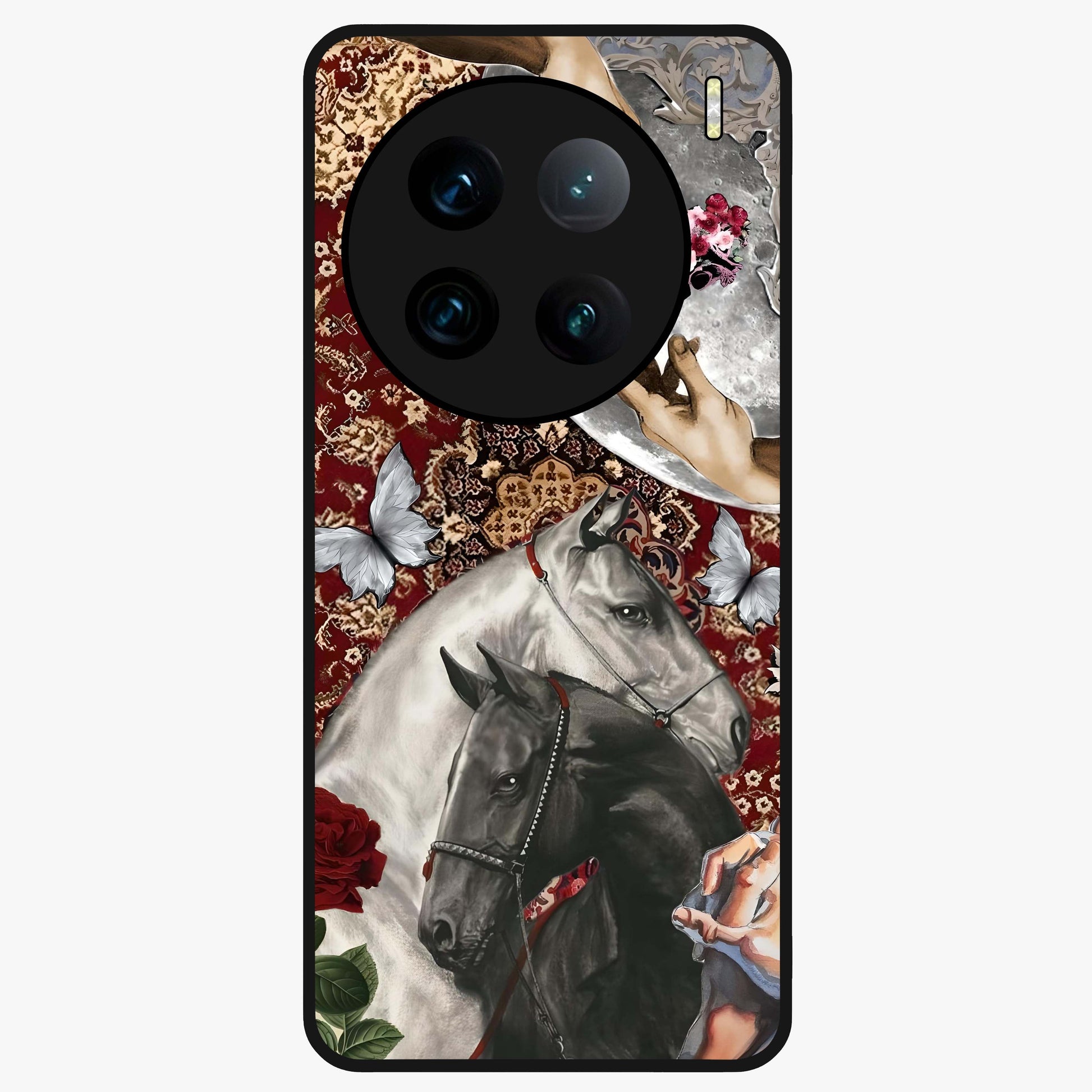 Moonlit Royal Stallion Glass Case showing flat back view with majestic horse under moonlight artwork and glossy glass finish.