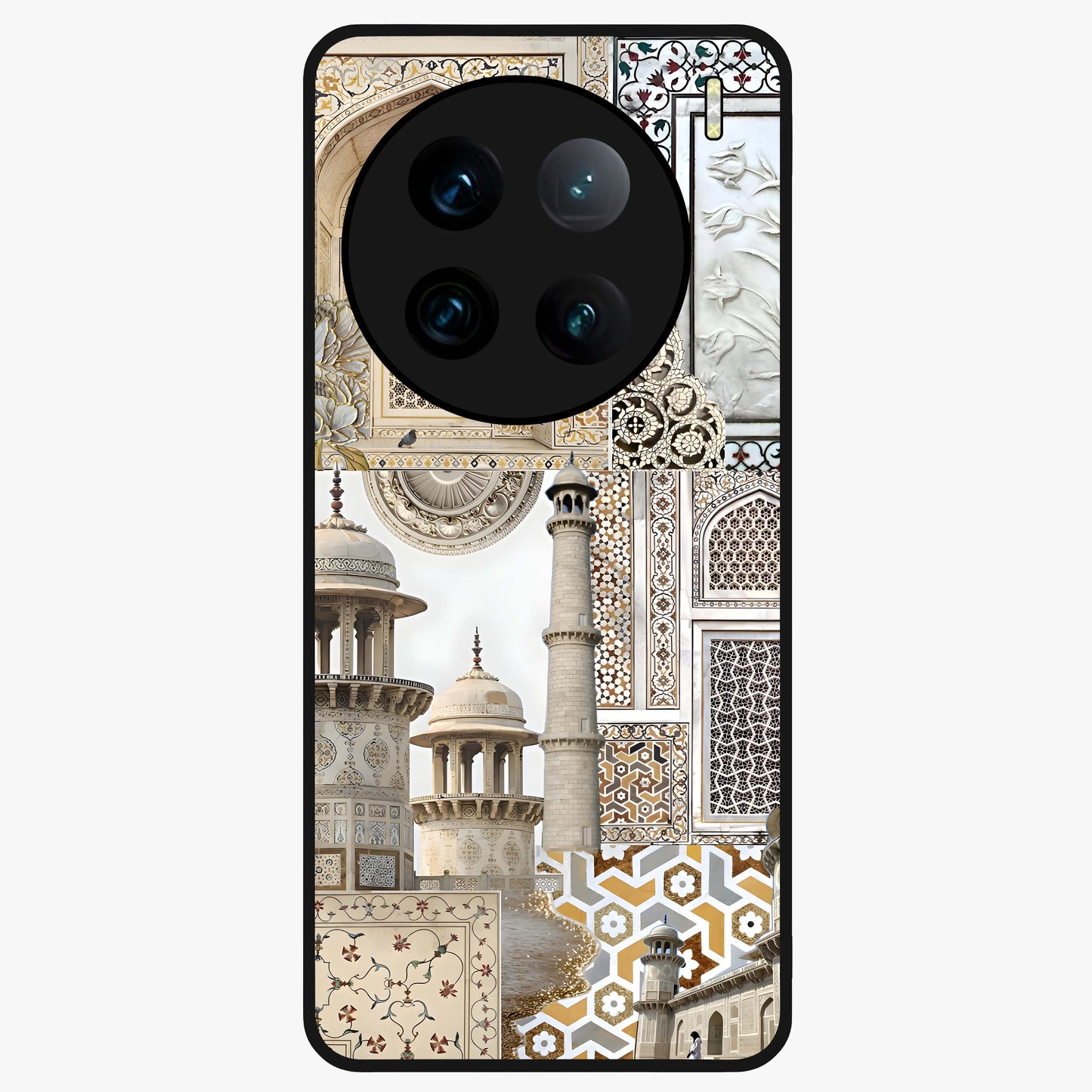 Mughal Marble Legacy Glass Case showing flat back view with intricate Mughal inspired marble pattern and glossy glass finish.