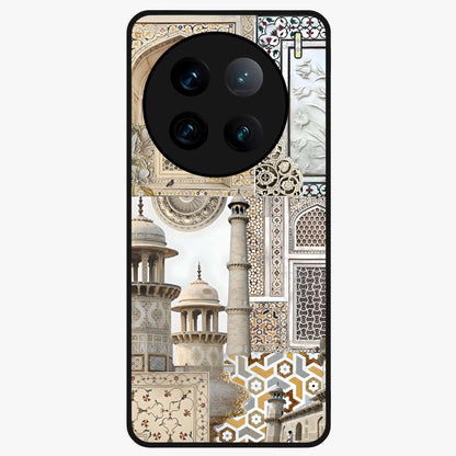 Mughal Marble Legacy Glass Case showing flat back view with intricate Mughal inspired marble pattern and glossy glass finish.