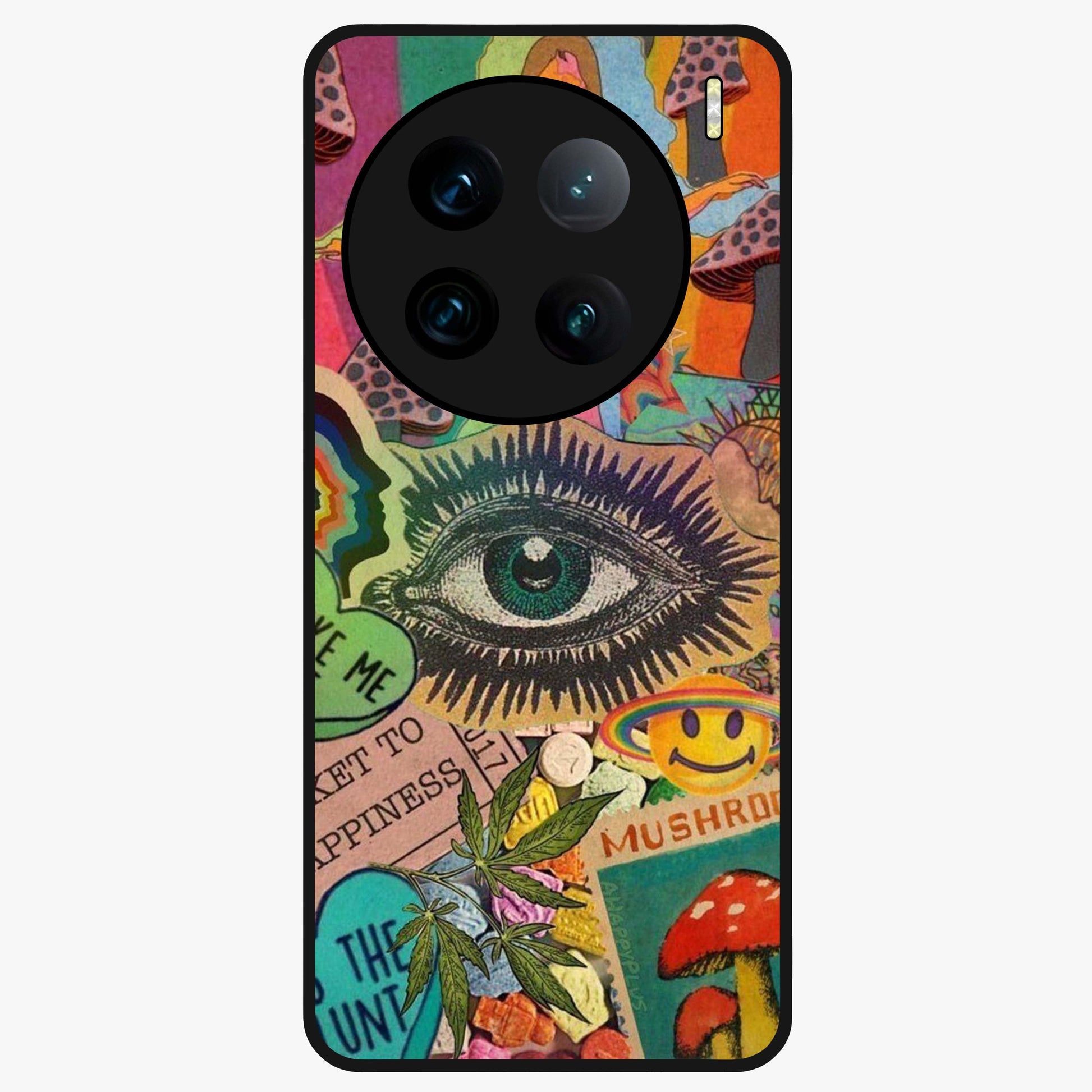 Mystic Eye Wonderland Glass Case showing flat back view with mystical eye themed artwork and glossy glass finish.