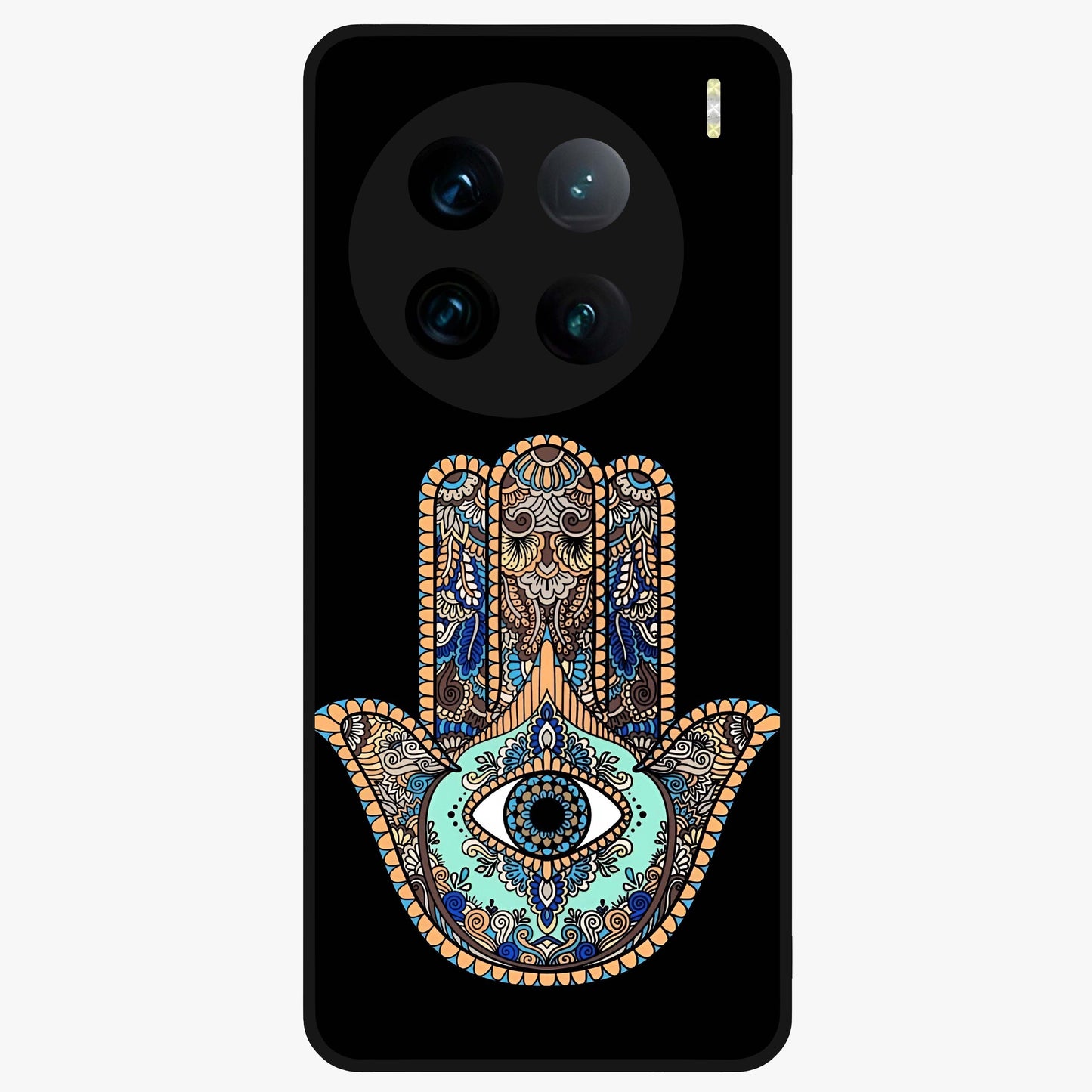 Mystic Hamsa Eye Glass Case showing flat back view with protective hamsa hand and evil eye artwork and glossy glass finish.