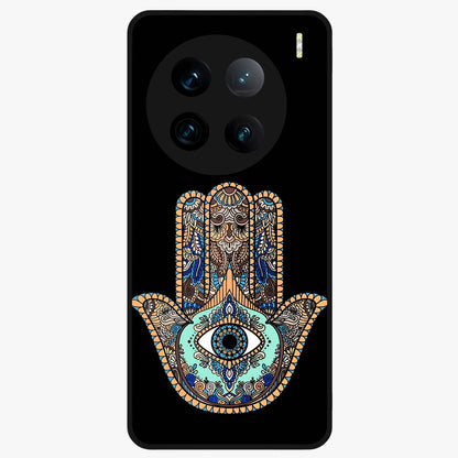 Mystic Hamsa Eye Glass Case showing flat back view with protective hamsa hand and evil eye artwork and glossy glass finish.