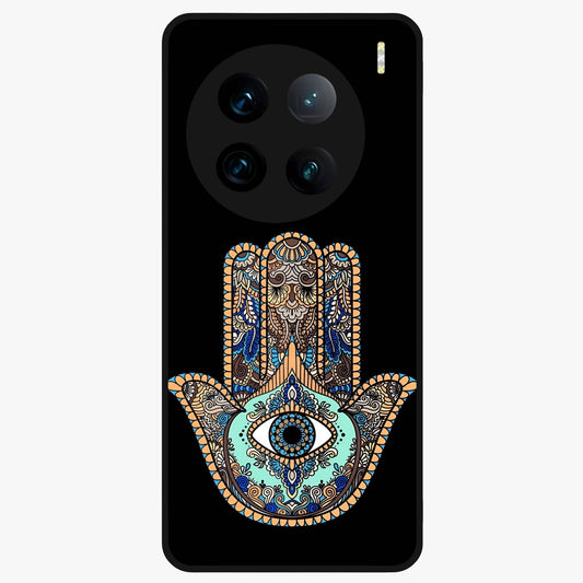 Mystic Hamsa Eye Glass Case showing flat back view with protective hamsa hand and evil eye artwork and glossy glass finish.
