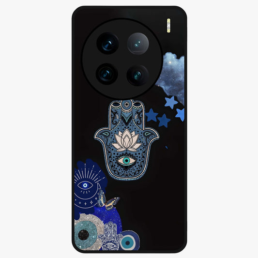 Mystic Hand Aura Glass Case showing flat back view with mystical hand symbol artwork and glossy glass finish.