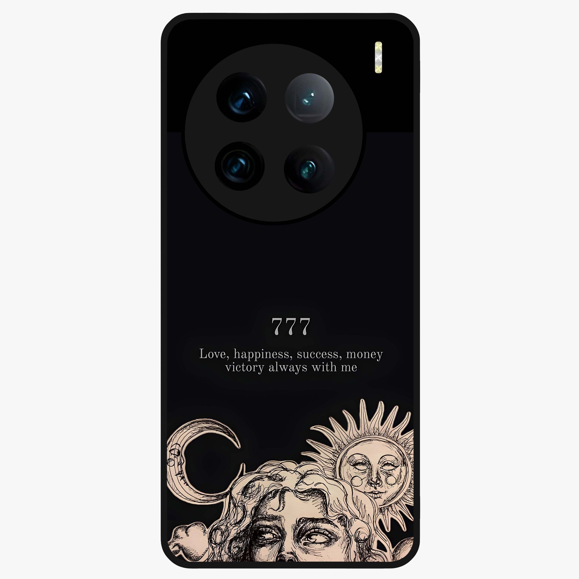 Mystic Victory Aura Glass Case showing flat back view with victory symbol artwork and glossy glass finish.