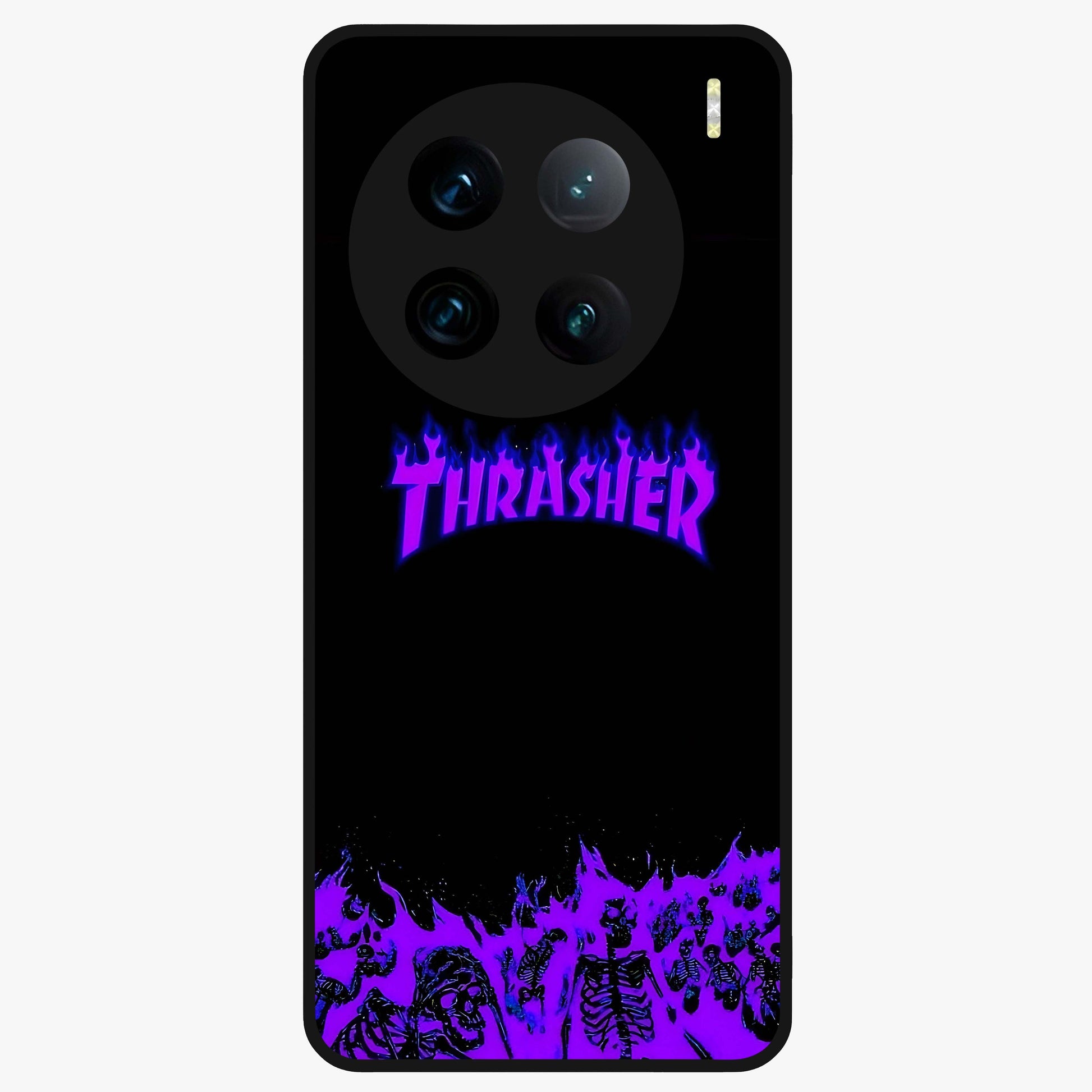 Neon Flame Riot Glass Case showing flat back view with neon flame artwork and glossy glass finish.