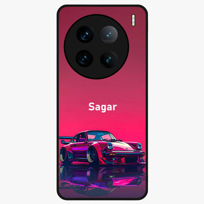 Neon Pink Porsche Glass Case showing flat back view with stylish sports car artwork and glossy glass finish.