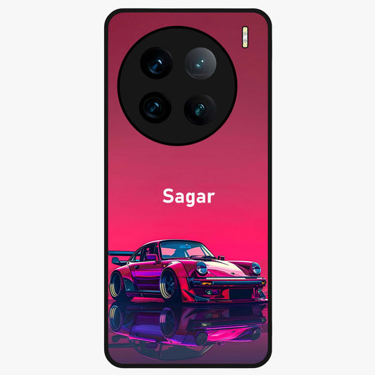 Neon Pink Porsche Glass Case showing flat back view with stylish sports car artwork and glossy glass finish.