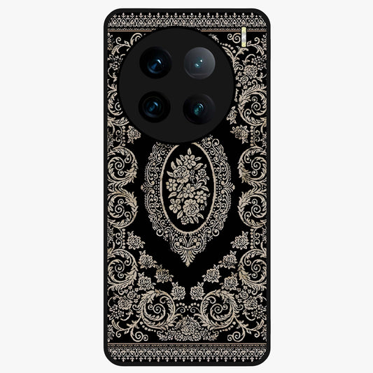 Noir Bloom Elegance Glass Case showing flat back view with elegant dark floral artwork and glossy glass finish.