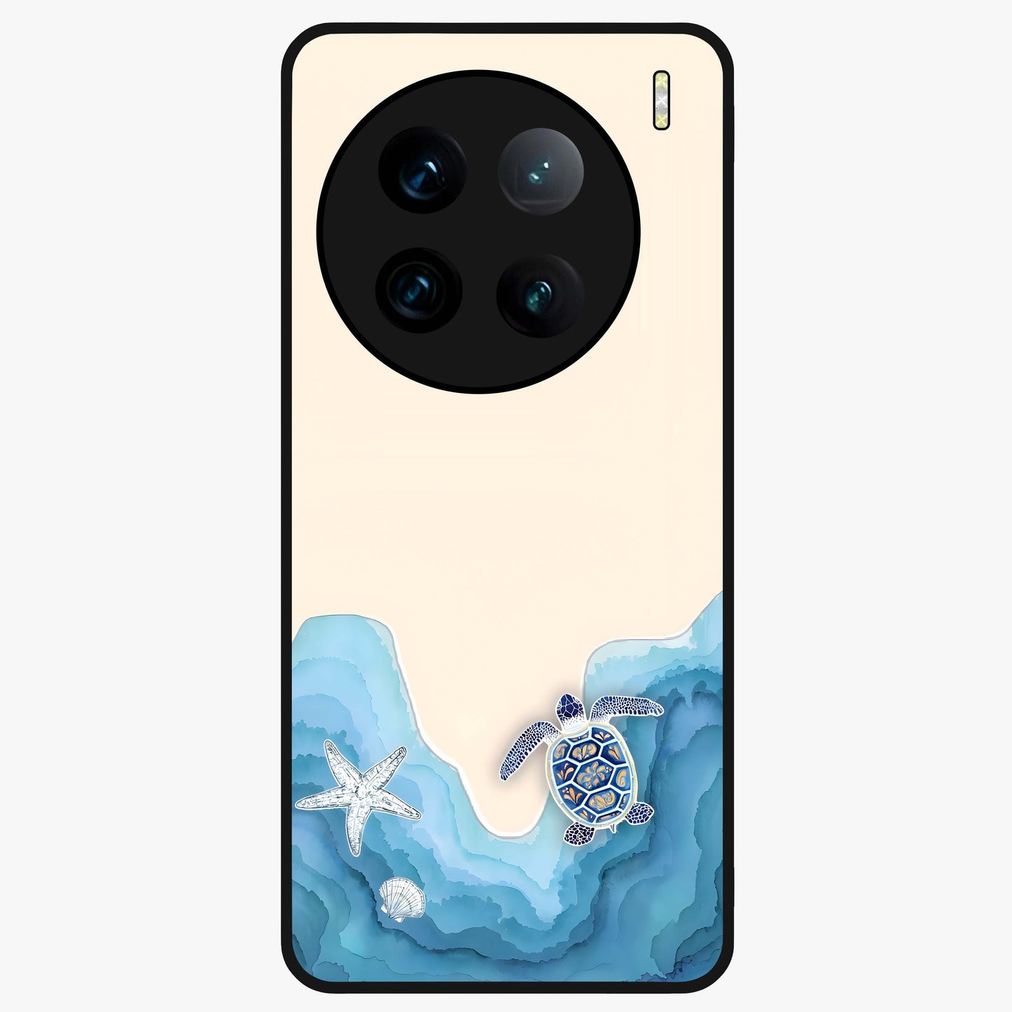 Ocean Drift Turtle Glass Case showing flat back view with sea turtle artwork and glossy glass finish.