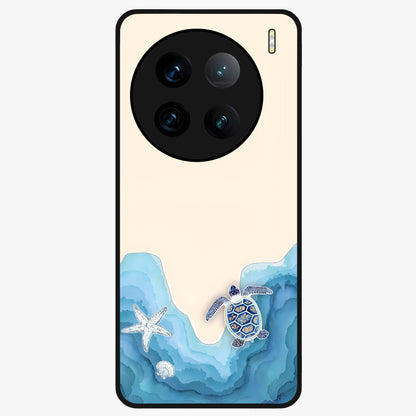 Ocean Drift Turtle Glass Case showing flat back view with sea turtle artwork and glossy glass finish.