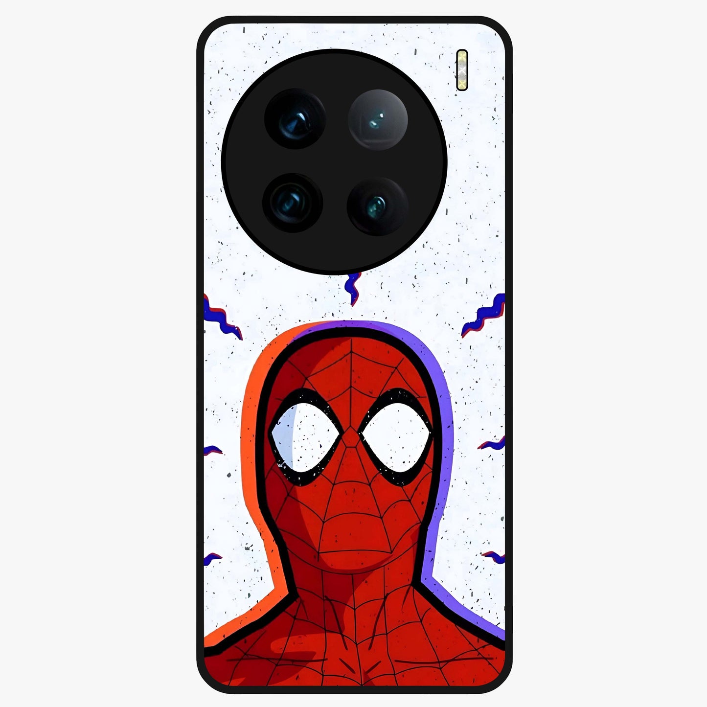 Omg Spiderman Glass Case showing flat back view with bold superhero inspired artwork and glossy glass finish.
