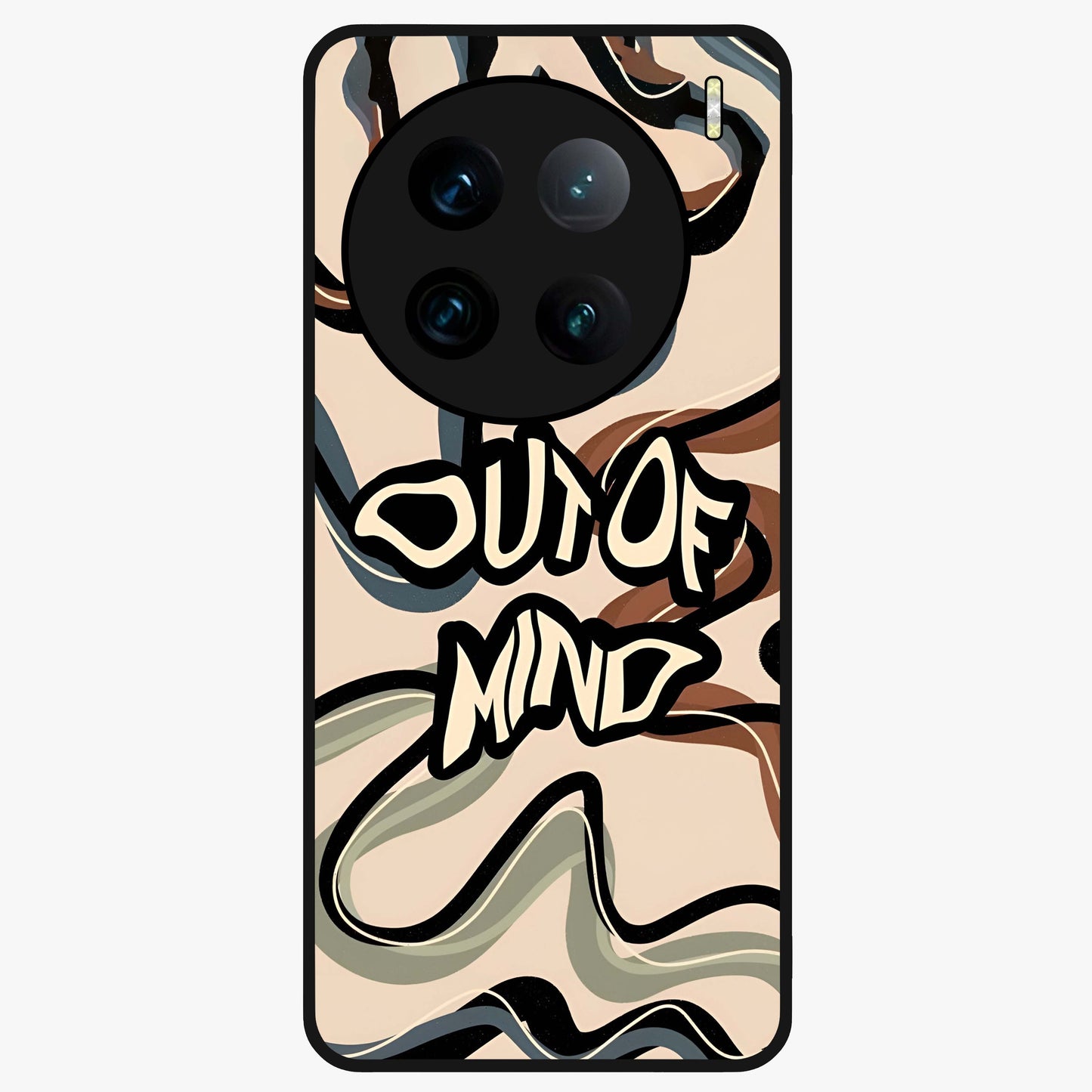 Out Of Mind Glass Case showing flat back view with expressive typography artwork and glossy glass finish.