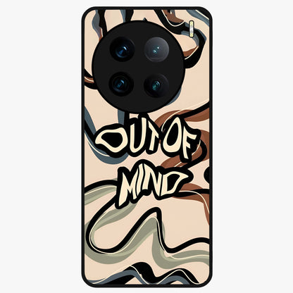Out Of Mind Glass Case showing flat back view with expressive typography artwork and glossy glass finish.