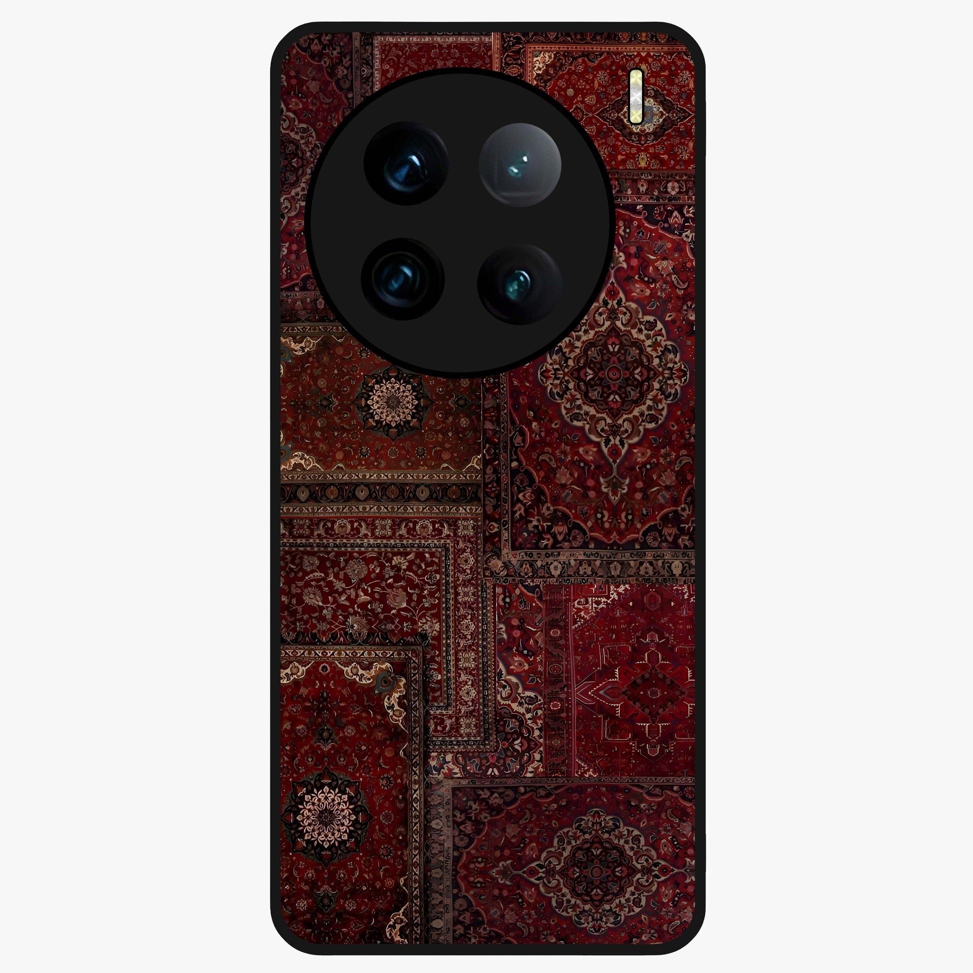 Persian Velvet Tale Glass Case showing flat back view with luxurious Persian velvet pattern artwork and glossy glass finish.