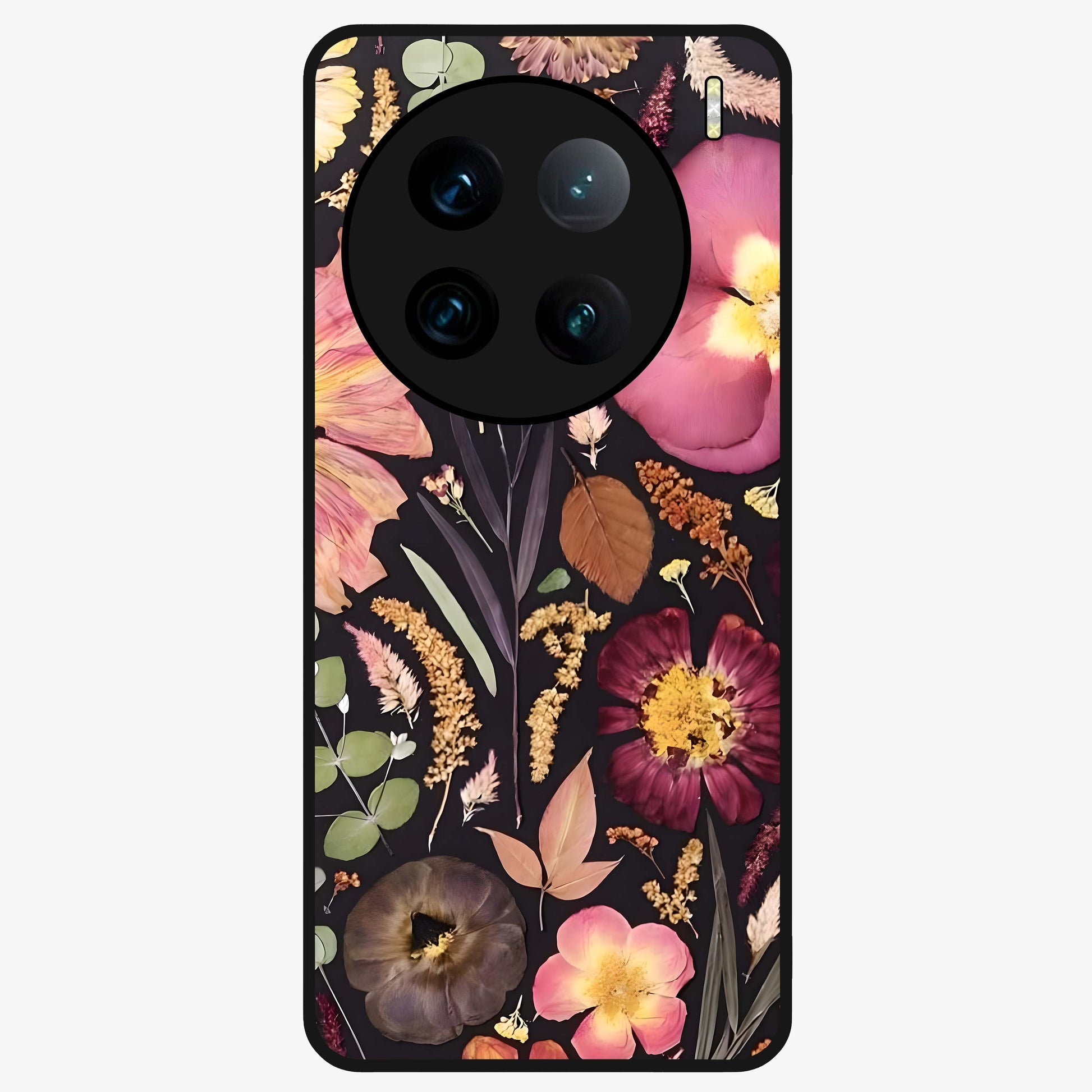 Petal Dream Tapestry Glass Case showing flat back view with intricate floral tapestry artwork and glossy glass finish.