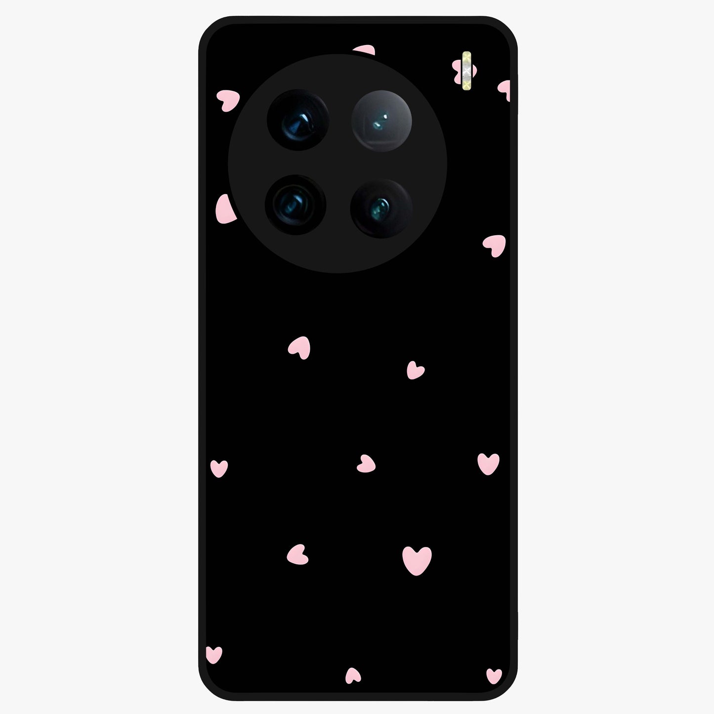 Pink Love Drops Glass Case showing flat back view with playful pink heart drops artwork and glossy glass finish.