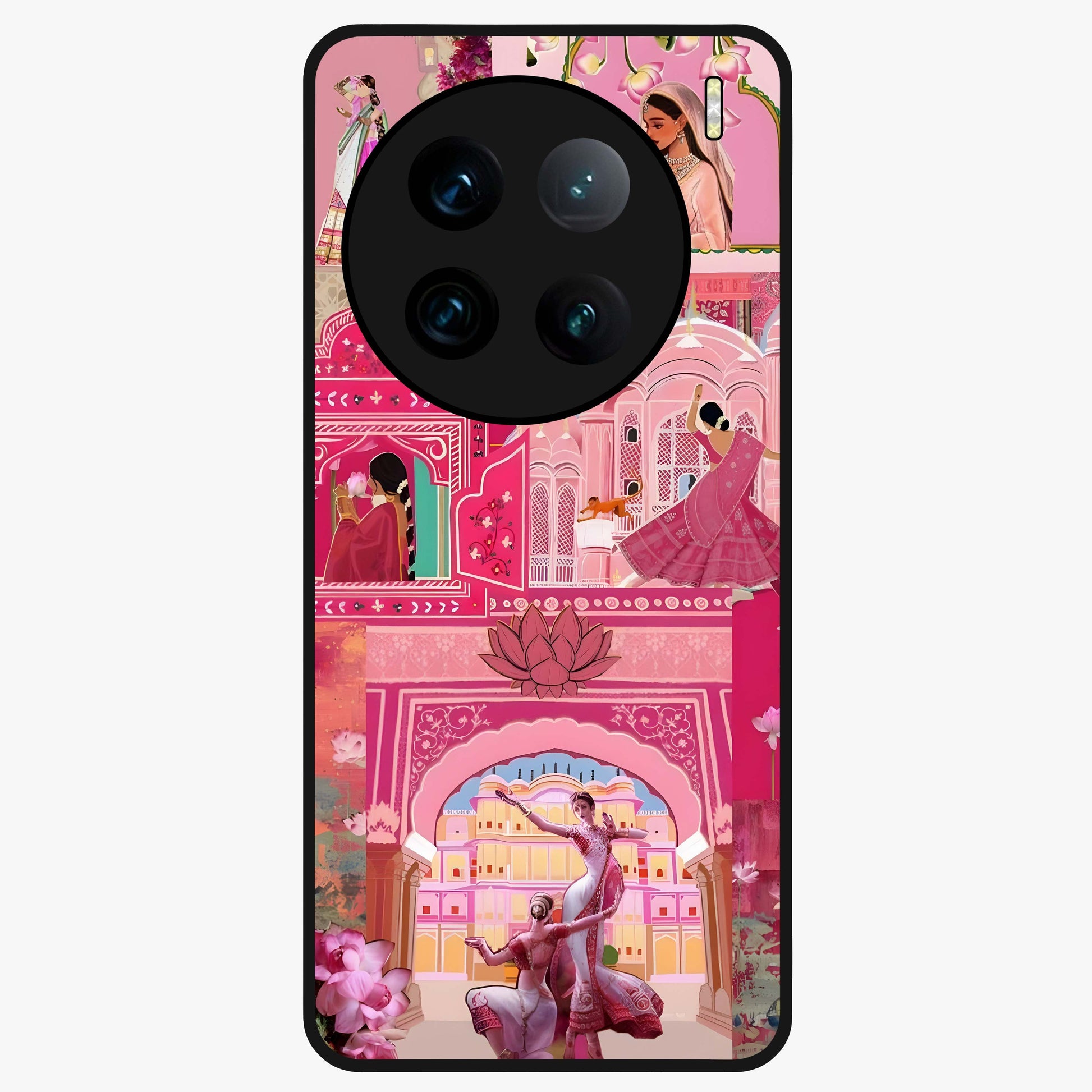 Pink Palace Muse Glass Case showing flat back view with elegant palace inspired artwork and glossy glass finish.