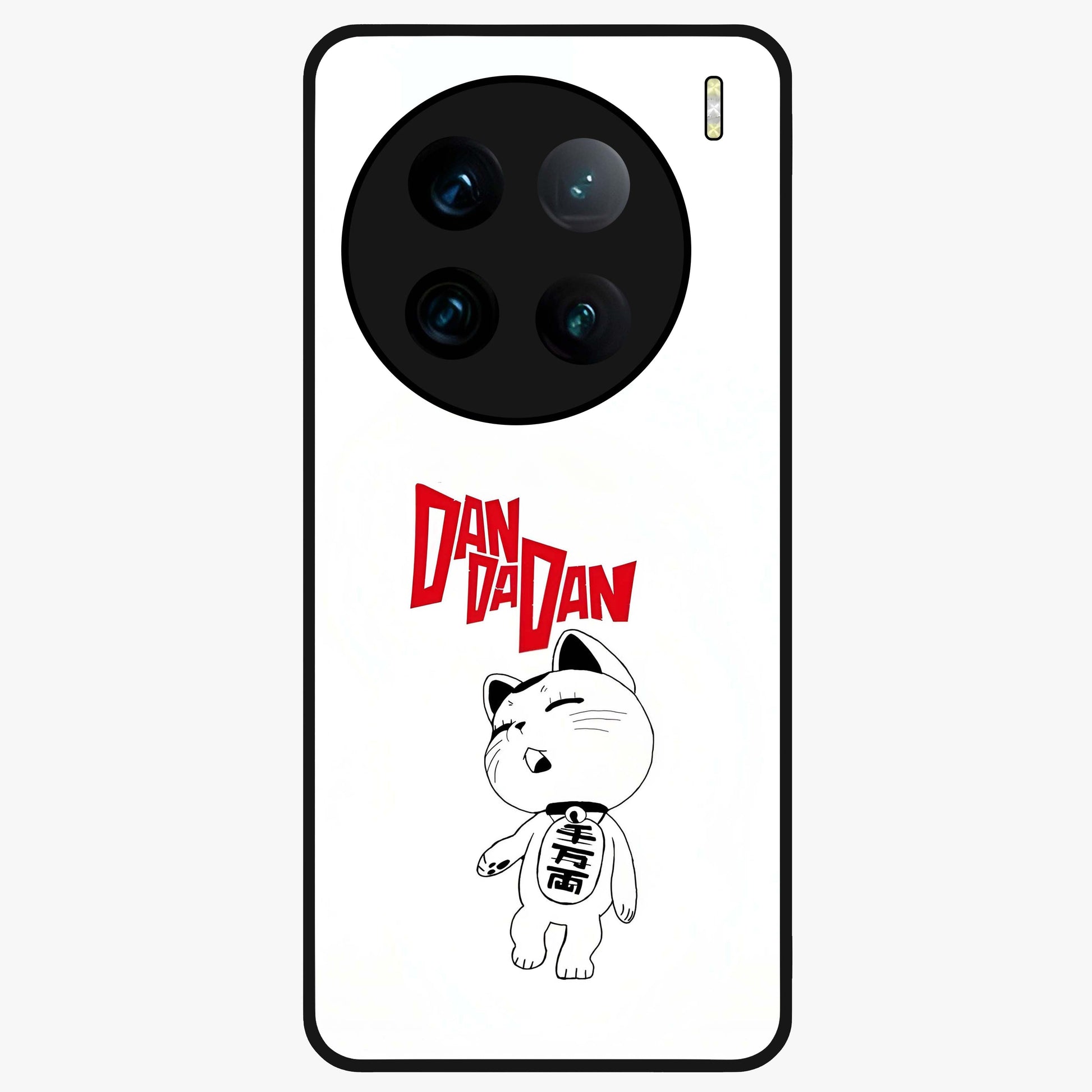 Playful Spirit Charm Glass Case showing flat back view with cheerful charm themed artwork and glossy glass finish.
