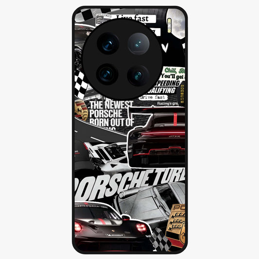 Porsche Racing Collage Glass Case showing flat back view with sports car racing collage artwork and glossy glass finish.