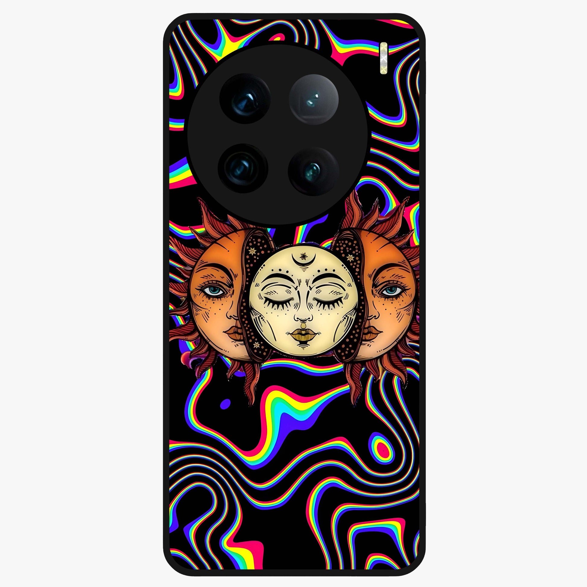 Psychedelic Sun Glass Case showing flat back view with colorful psychedelic sun artwork and glossy glass finish.