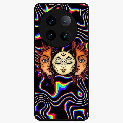 Psychedelic Sun Glass Case showing flat back view with colorful psychedelic sun artwork and glossy glass finish.