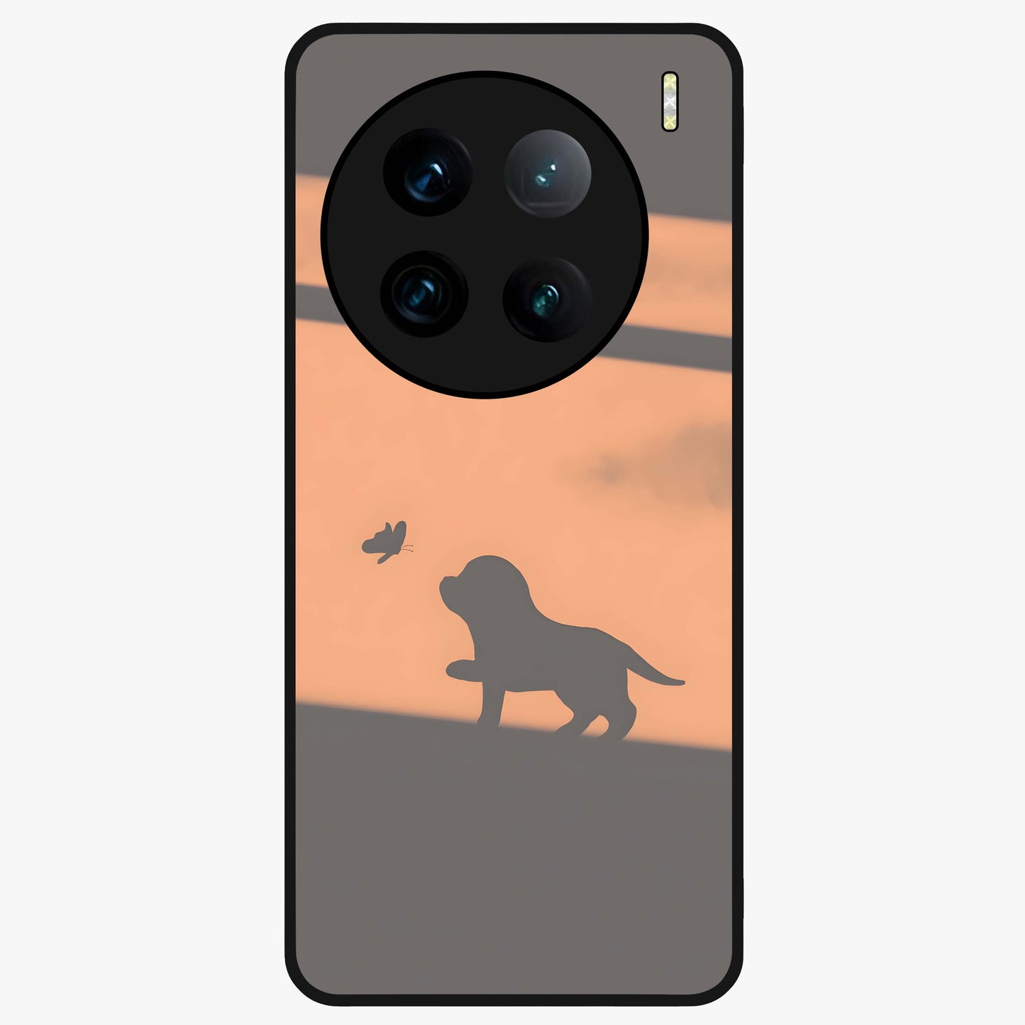 Puppy Shadow Art Glass Case showing flat back view with cute puppy shadow style artwork and glossy glass finish.