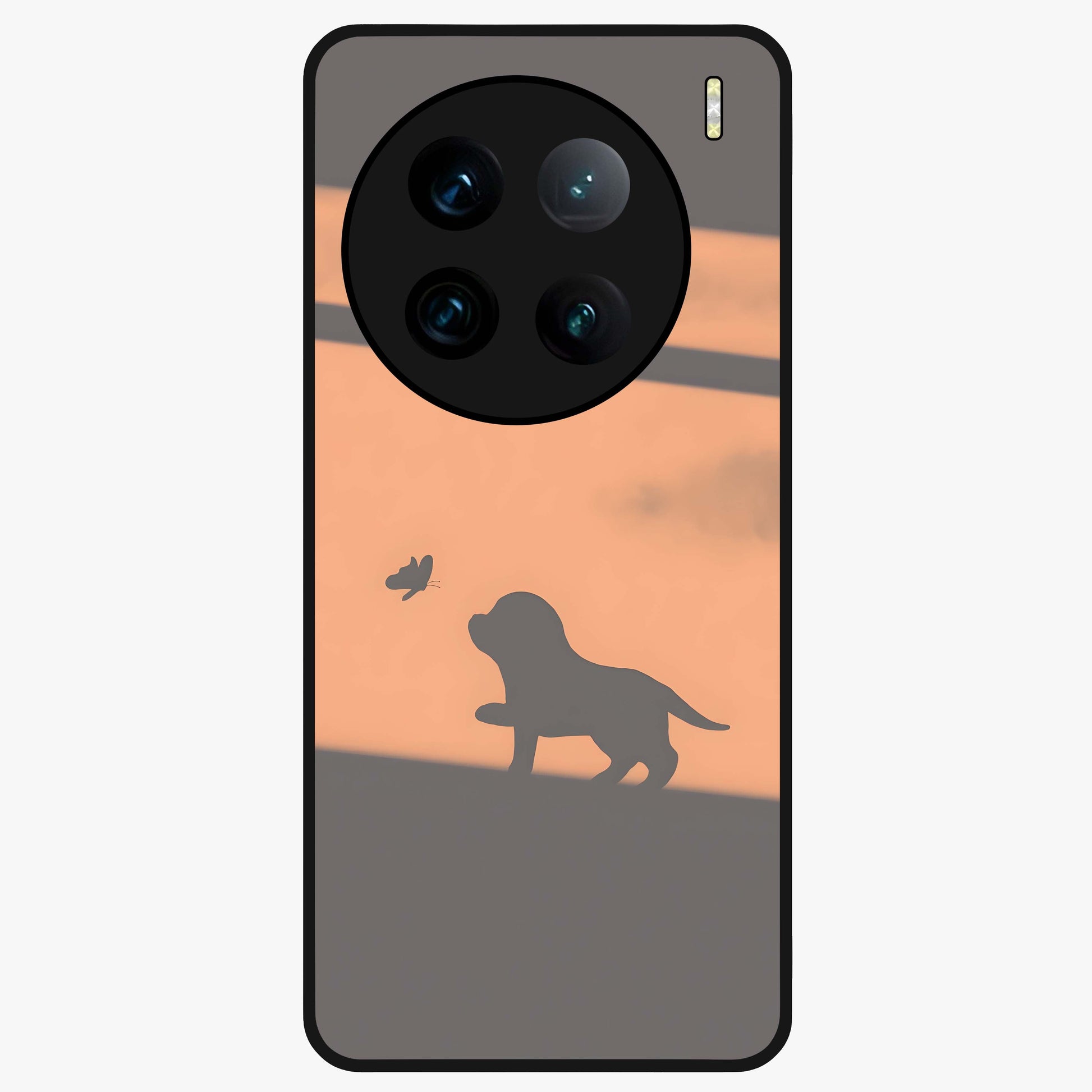 Puppy Shadow Art Glass Case showing flat back view with cute puppy shadow style artwork and glossy glass finish.