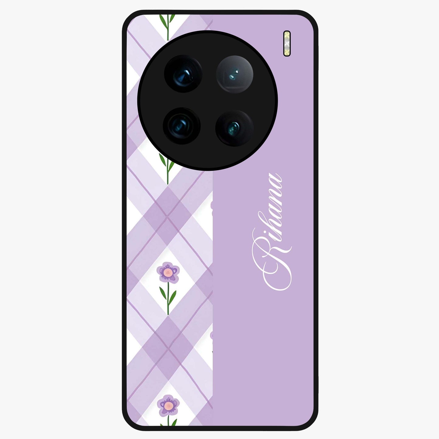 Purple Diamond Floral Glass Case showing flat back view with diamond shaped floral artwork and glossy glass finish.