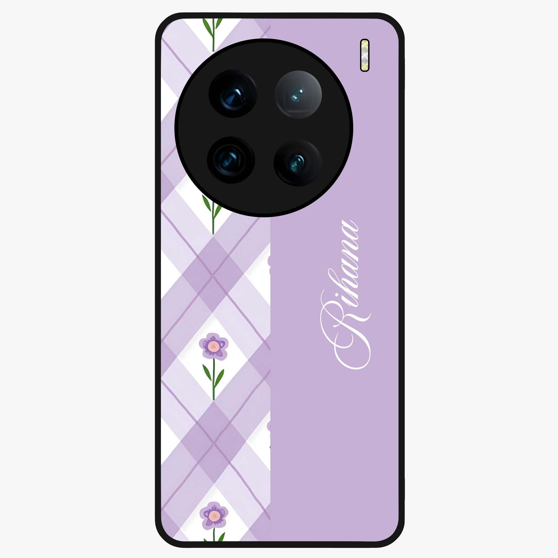 Purple Diamond Floral Glass Case showing flat back view with diamond shaped floral artwork and glossy glass finish.