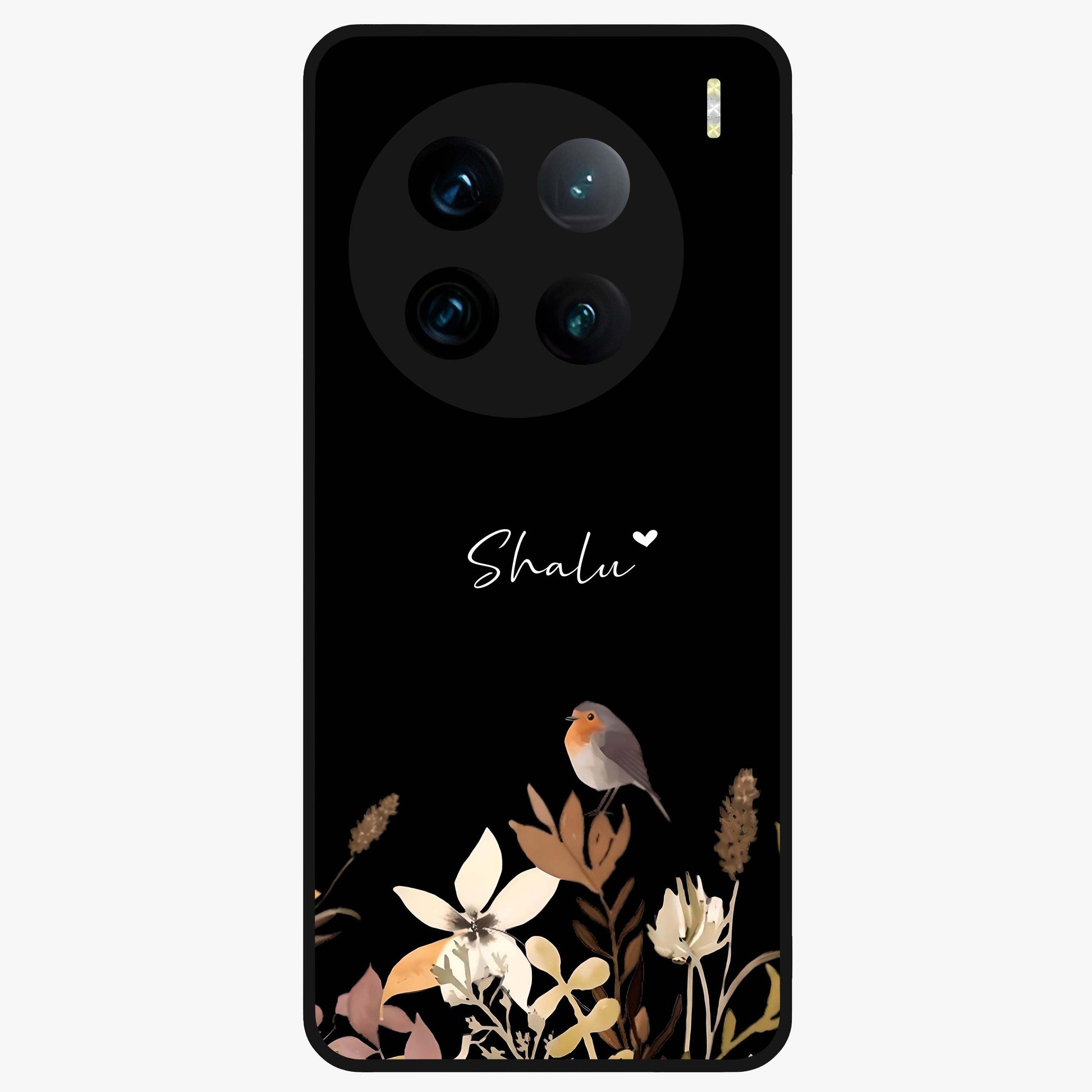 Quiet Garden Tune Custom Name Glass Case showing flat back view with peaceful garden artwork and personalized name design.