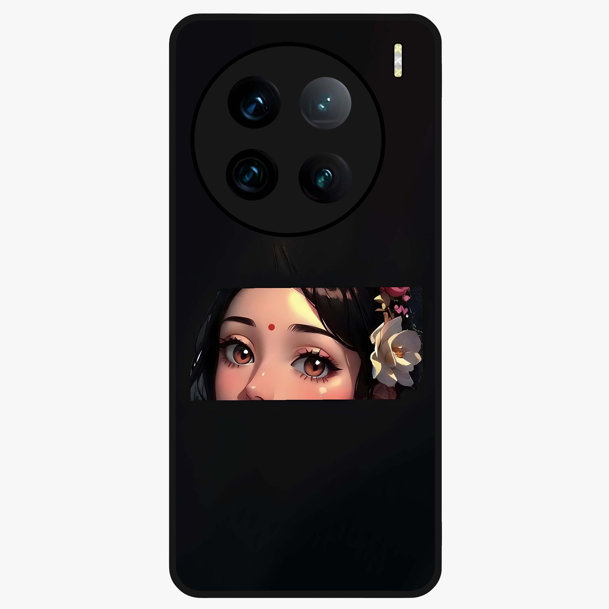 Radha Divine Embrace Glass Case showing flat back view with devotional Radha artwork and glossy glass finish.