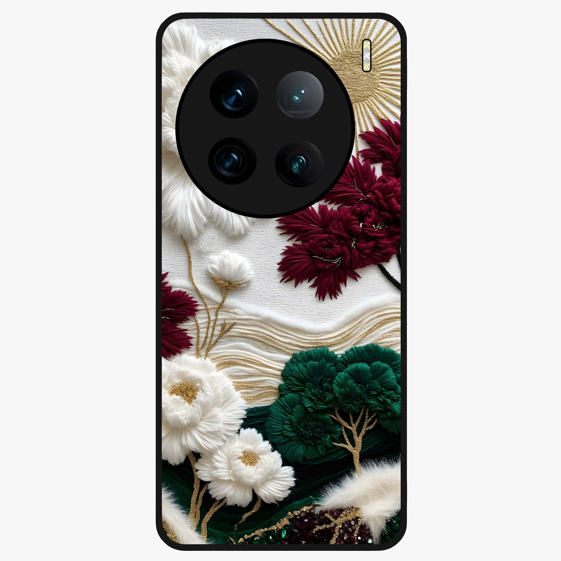 Radiant Bloom Elegance Glass Case showing flat back view with elegant blooming flower artwork and glossy glass finish.